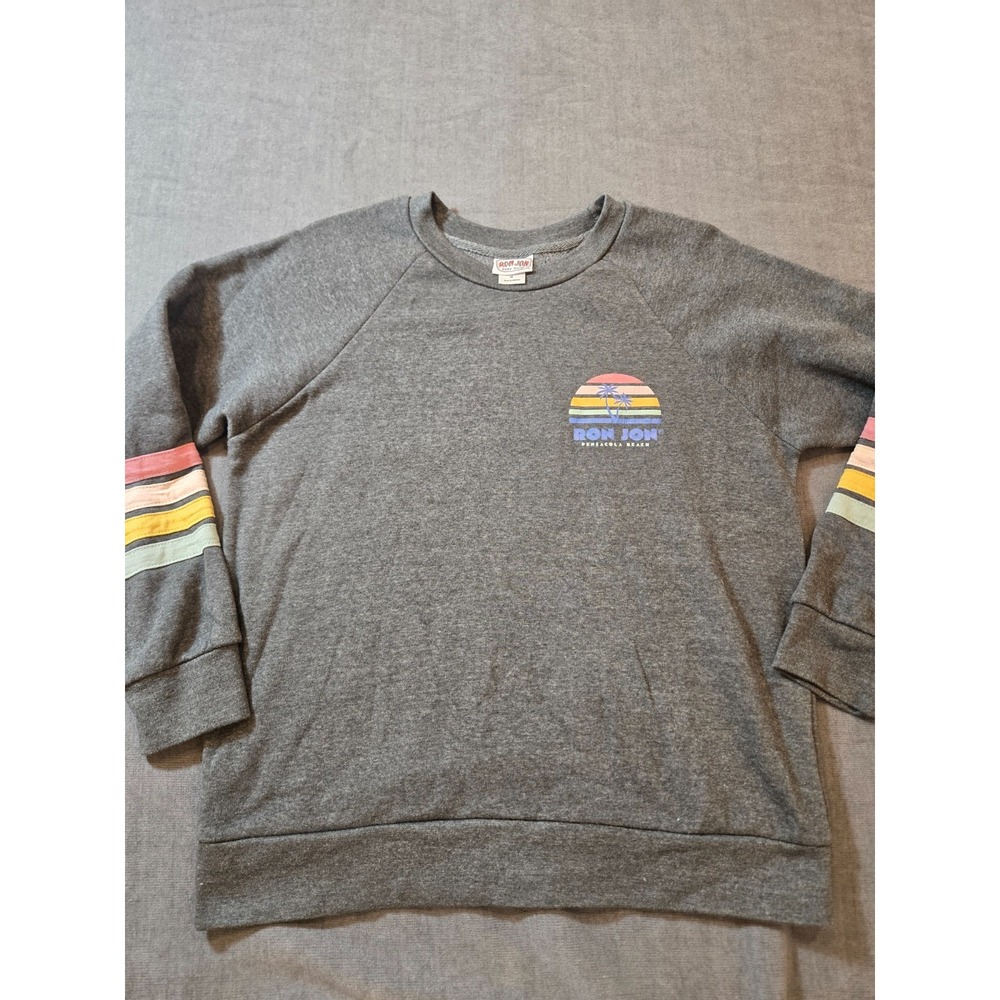 Ron Jon Surf Shop Sweatshirt Women's Medium Gray Pensacola Beach Retro Stripe